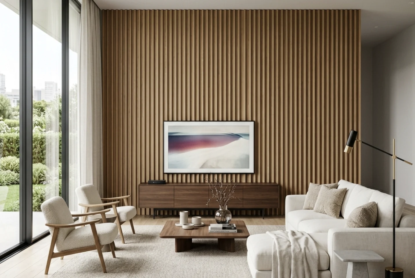Louvered feature wall behind a wall-mounted TV in a modern living room