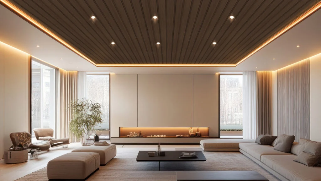 Wooden louvered ceiling with recessed lighting in a modern living room