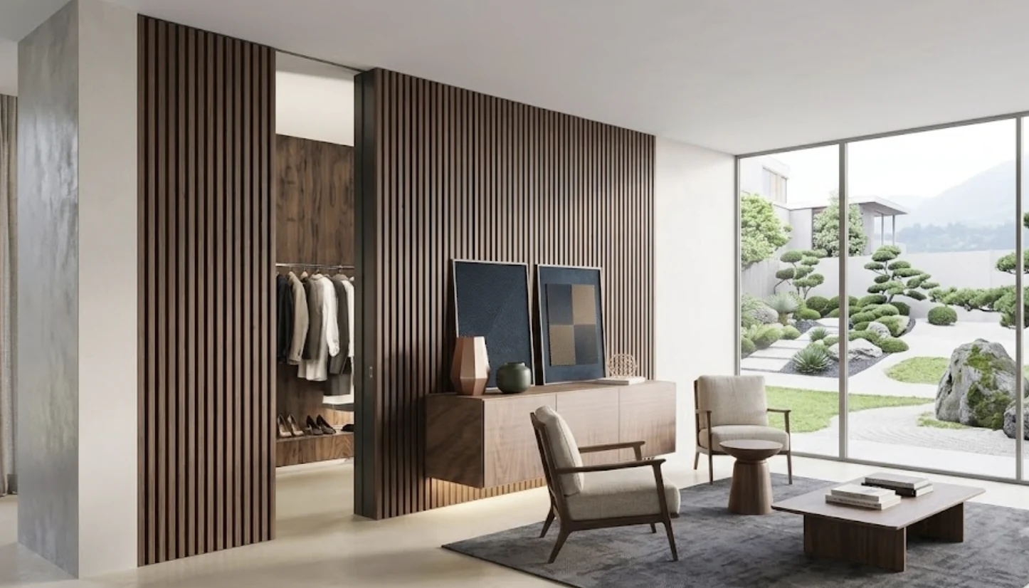 Louvered wardrobe shutters adding texture to a modern bedroom