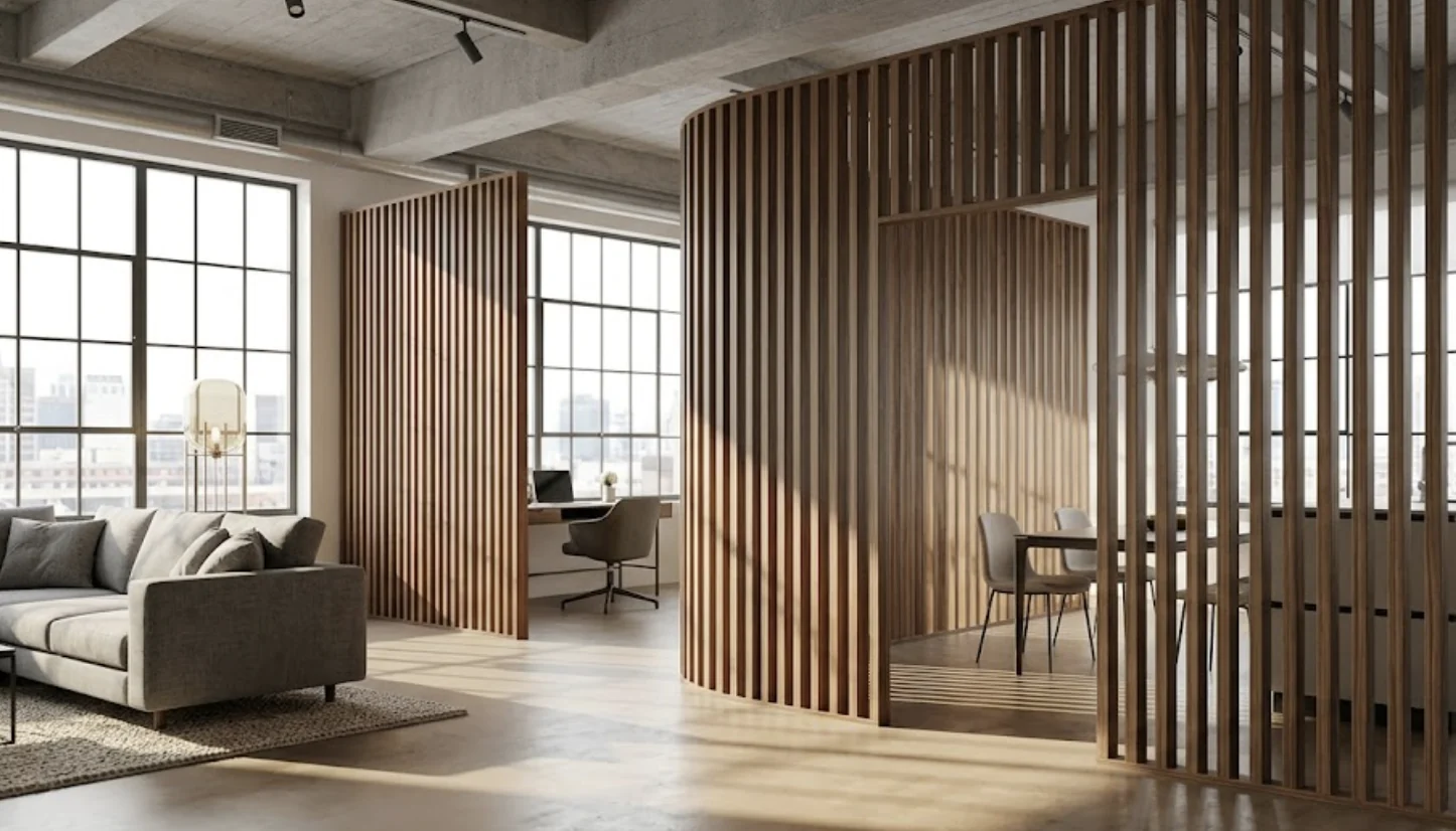 Louvered room divider partition separating zones in an open-plan interior