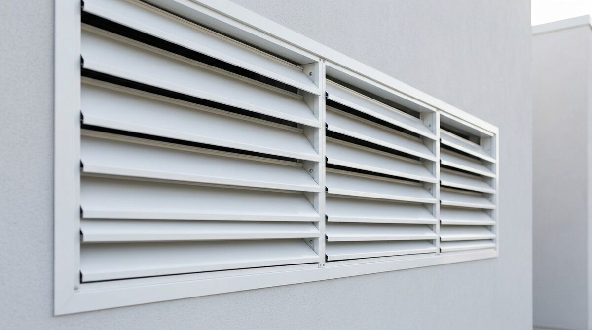 Aluminium ventilation louvers on a wall drawing fresh air in while keeping rain and dust out