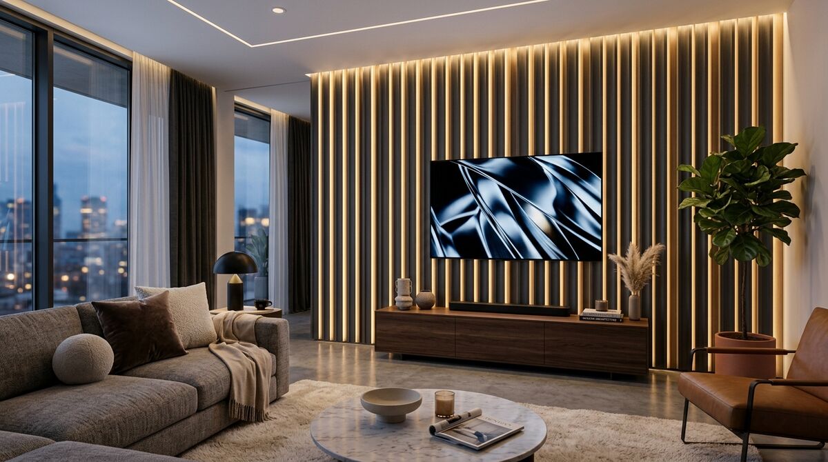 Vertical louver accent wall behind a living room TV unit adding depth and a premium finish