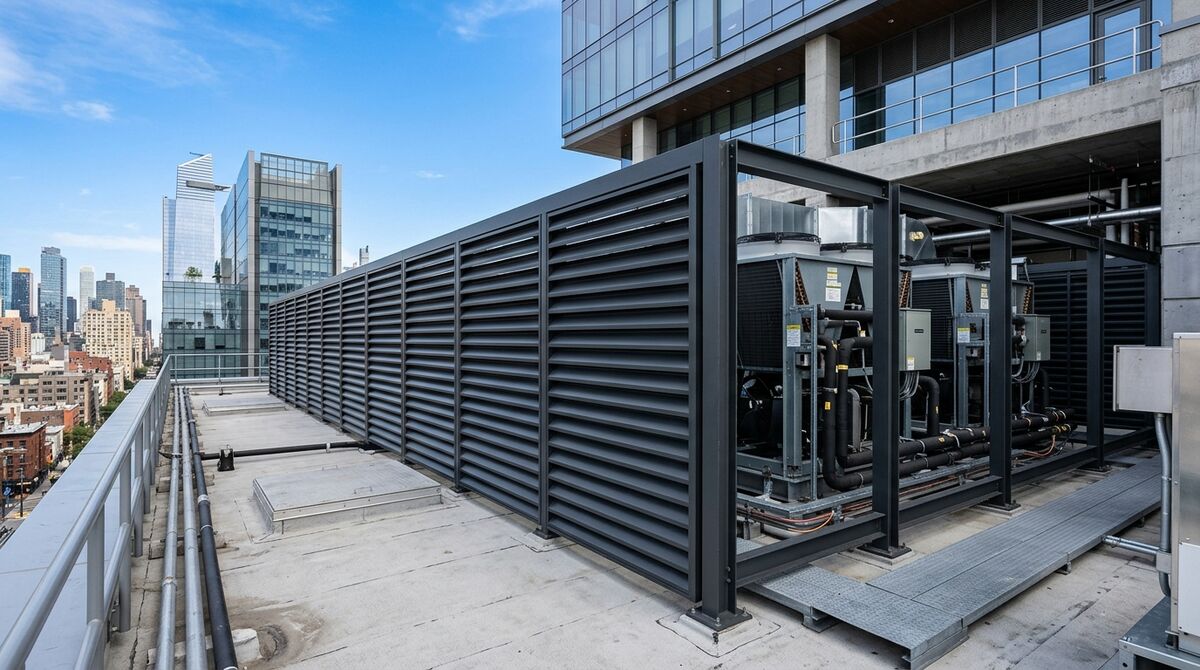 Louvered screens concealing rooftop HVAC and chiller units while allowing airflow