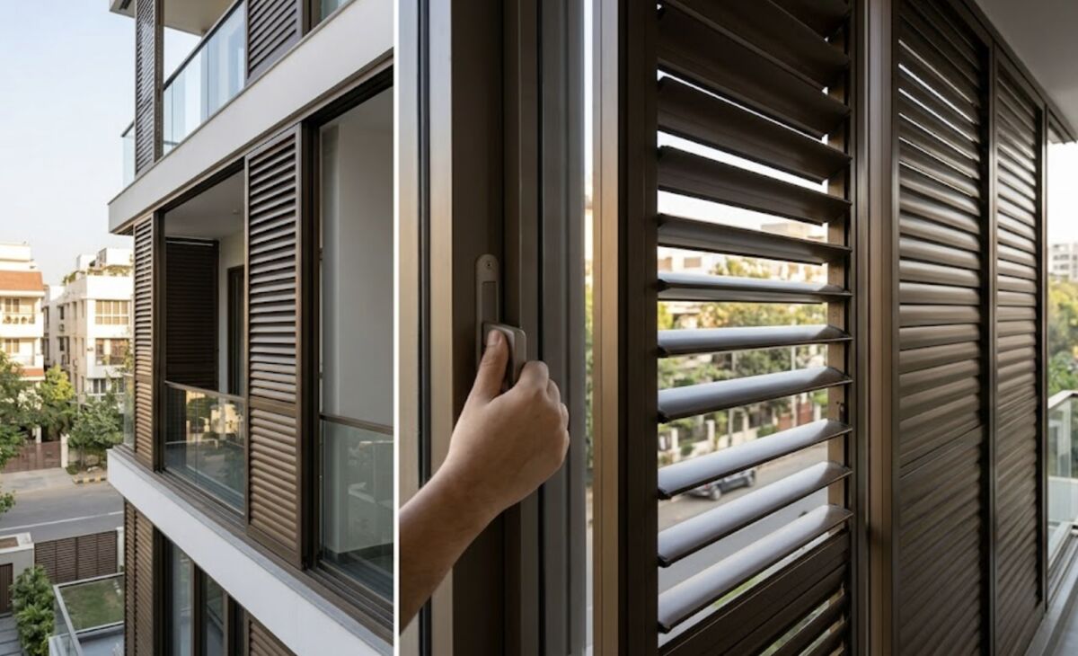 Adjustable operable louvers with tilting blades controlling light and airflow on a window