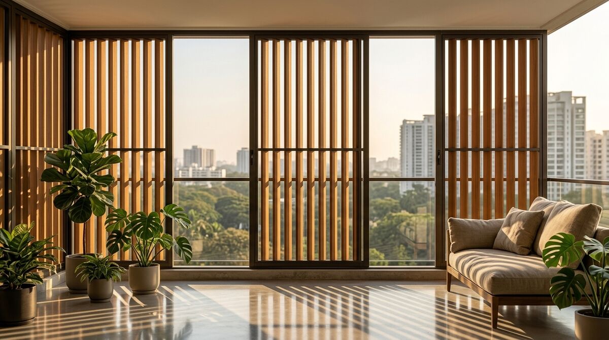 Outdoor louvers cladding a modern building facade and balcony for weather protection and privacy